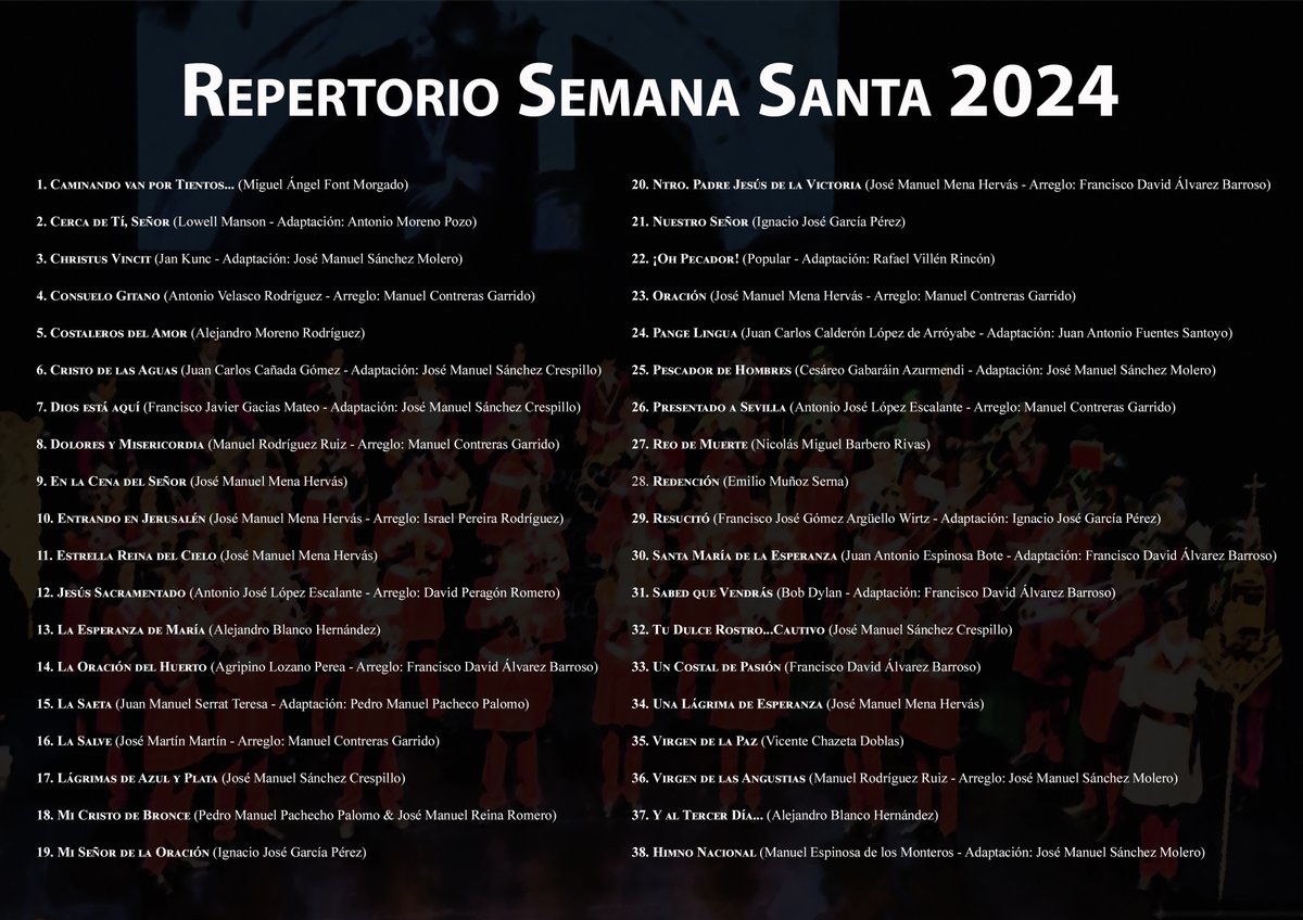 Ante el ya cercano comienzo de la próxima cuaresma, os dejamos con el repertorio de paso lento seleccionado para acompañar a nuestras hermandades durante la Semana Santa del presente año.

#lamusicadelasnieves #SemanaSanta2024
