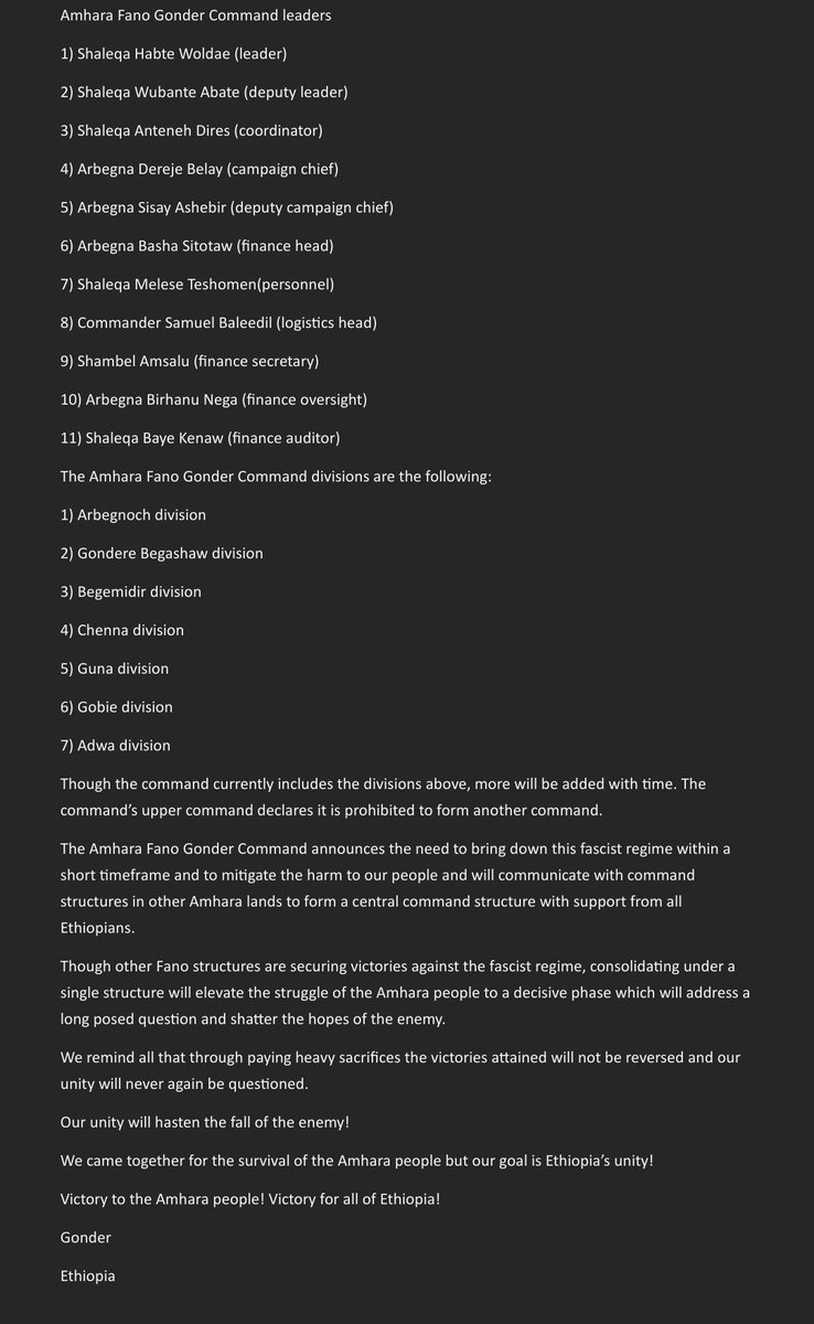 TheDejazmach's tweet photo. [Update Feb. 1/24] Ethio-251: Press statement announcing formation of the new Amhara Fano in Gonder Command structure.

📌"Misguided foreign powers have supplied the fascist regime of Abiy Ahmed with modern weapons which have been used to massacre unarmed civilians in rural and urban areas including women, children, youth and elderly persons, and mothers, sisters and underage girls have been subject to rape."

#AmharaResistance #ForwardFano #WarOnAmhara