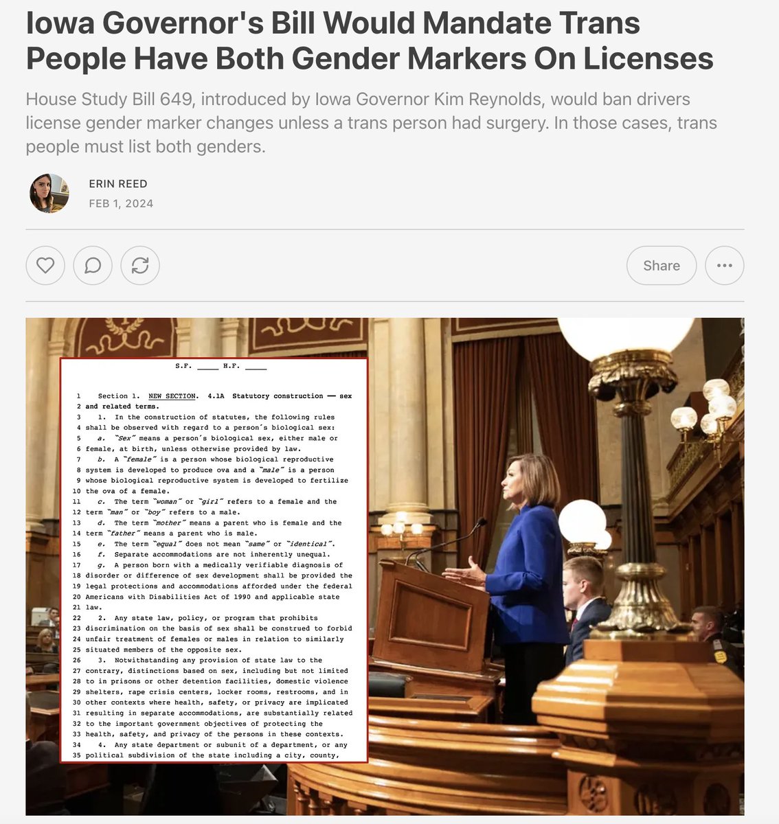 ErinInTheMorn's tweet image. 1. Just released: Governor Kim Reynolds has proposed legislation mandating that trans people have BOTH gender markers on drivers license (M/F).

It would also end all recognition for trans people.

Subscribe to support my work.