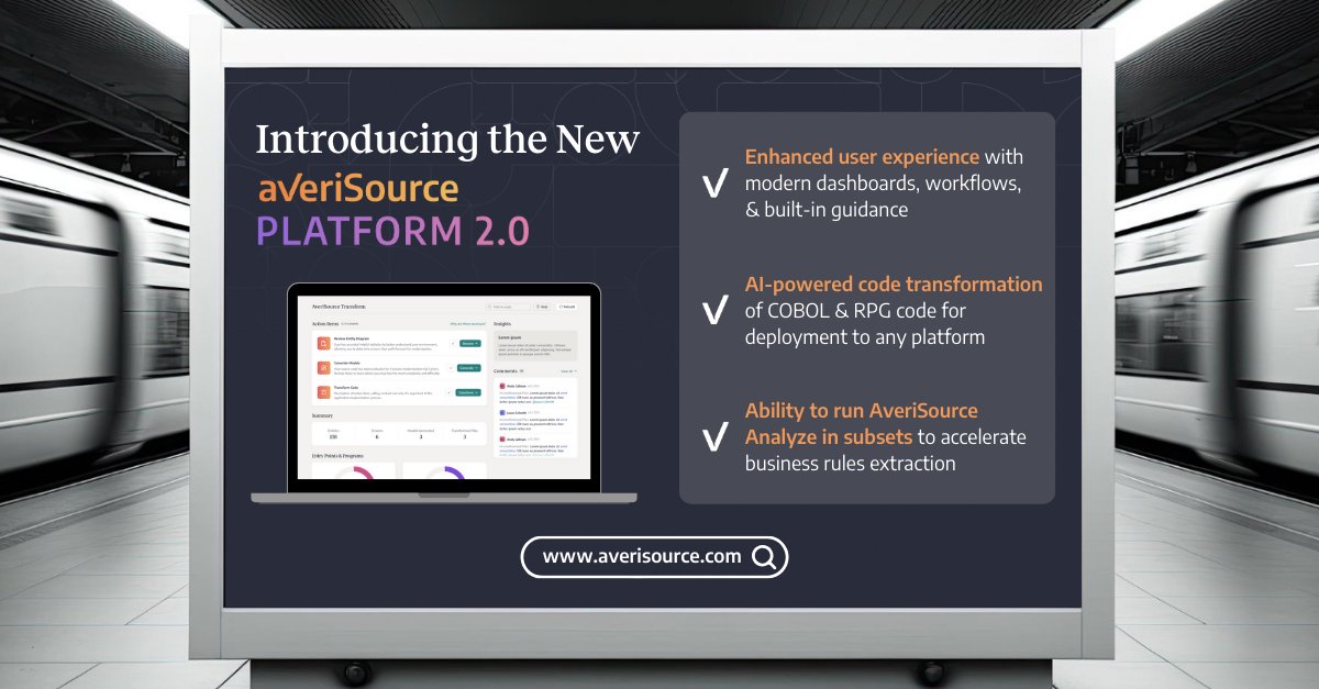 🎉 ICYMI: We're over the moon to announce the long-awaited release of AveriSource Platform™ 2.0, our end-to-end application modernization solution for mainframe and #midrange systems.

👩‍🔬 Our engineering and product teams have leveraged the latest in application analysis and