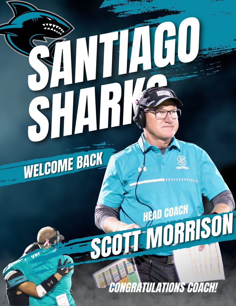 SantiagoMedia_'s tweet photo. Santiago High School is proud and excited to announce that Scott Morrison will return as the Head Football Coach for the Sharks.
Coach Morrison returns after a year sabbatical and is reenergized to back to coaching. Congratulations Coach Mo!!!
#gosharks #cnusd https://t.co/YYZOBfUU5p