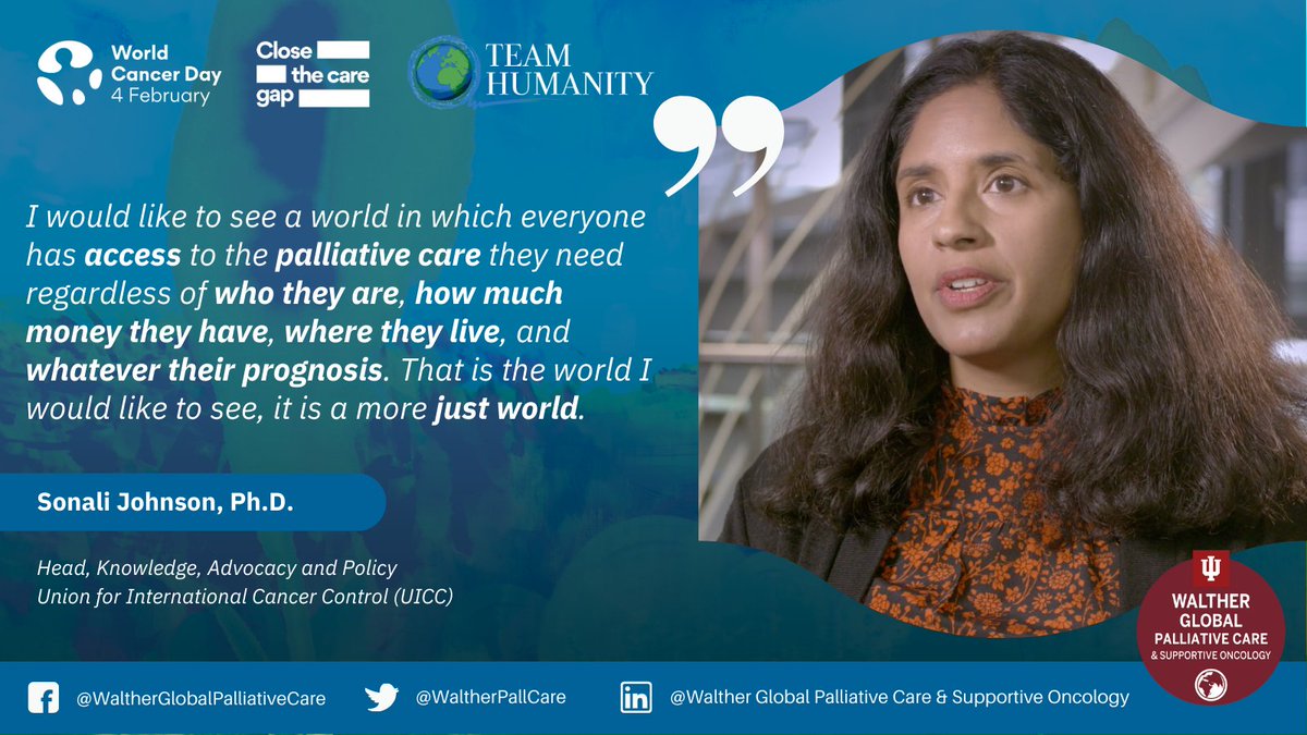 Envisaging a more just world, Sonali Johnson, Ph.D. of @UICC shares what a fair place this would be: 'Where everyone has access to #PalliativeCare, regardless of who they are & where they live.' bit.ly/3SARHw5 #WorldCancerDay #CloseTheCareGap @WHO @ncdalliance