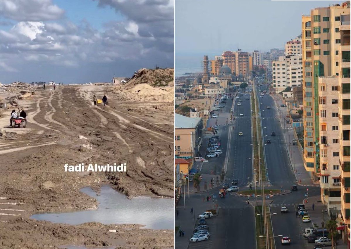 DaniMayakovski's tweet photo. Asi fue el antes y el después de la calle Rashid, una de las más grandes y más desarrolladas de Gaza.

El apartheid sionista destruyó el 70% de viviendas de Gaza, su objetivo es eliminar la posibilidad de que los palestinos regresen para poder establecer asentamientos colonos. https://t.co/h8xS5dFGQg
