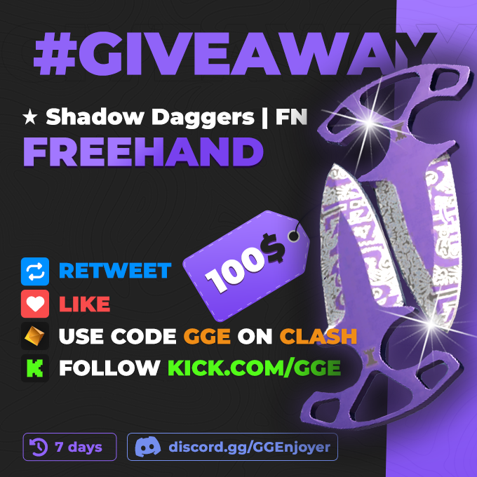 GGERewards's tweet photo. ✨SHADOW DAGGERS | FREEHAND FN GIVEAWAY✨

TO ENTER:
💟Like The Tweet &amp; Tag A Friend
📝Retweet The Tweet
✅ Follow Us
🔶 MUST be using code "GGE" ON @clashdotgg *MUST SHOW PROOF*

GIVEAWAY ENDS FEBRUARY 7TH @ 12PM EST

#CSGOGiveaway  #CSGO  #csgoskins https://t.co/KHVsBL7Jwf