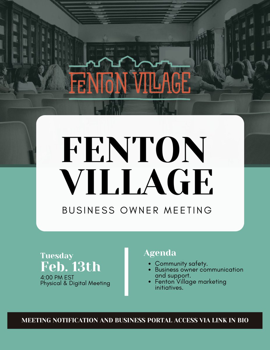 The next #FentonVillage business owner meeting is coming up on Feb 13th at 4pm.

Join us digitally if you can't make it in person. If you haven't received your invite as a business owner, comment below.

See you there!