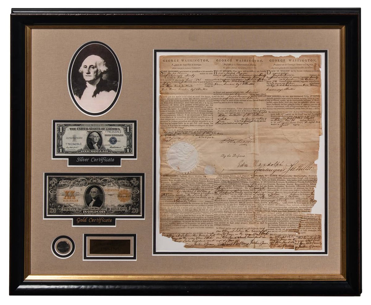 GoldinCo's tweet photo. 1794 President George Washington Signed, Framed Three-Language Ship Pass Issued by Washington During French Revolutionary Wars – Includes Framed Currency 💰 

Bid now in our January Pop Culture Elite: https://t.co/2BV6GAspuM https://t.co/BayXOdGcpC