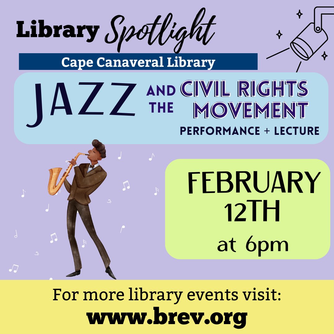 BrevLibraries's tweet photo. Join Cape Canaveral Library on February 12 at 6:00 PM for Jazz and the Civil Rights Movement. This presentation chronicles the evolution of jazz music from the turn of the century to present day. #BrevardLibraries #CapeCanaveral
For more events: https://t.co/lTgNrDnWnG https://t.co/JpVunMrmqw