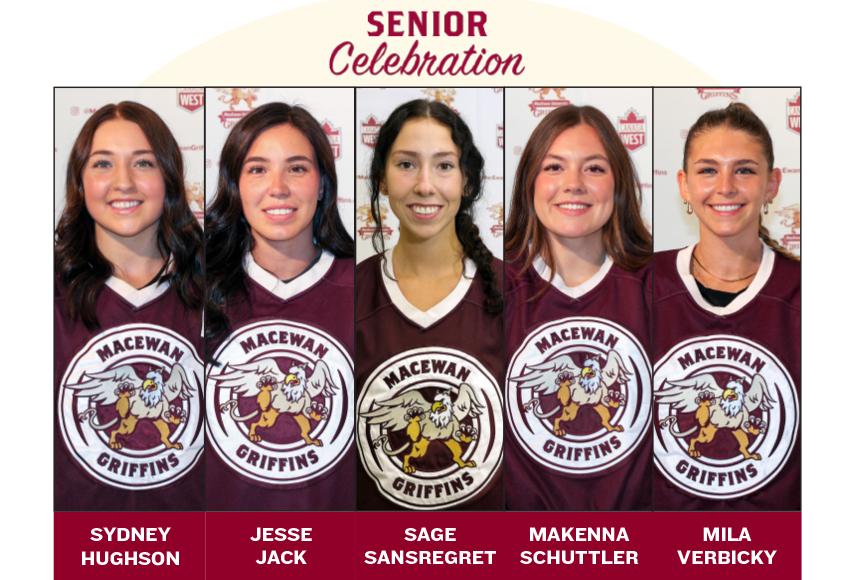 MacEwanGriffins's tweet photo. W🏒| SENIORS Q&amp;A
We chat with our @MacEwanHockey graduating players - Sydney Hughson, Jesse Jack, Sage Sansregret, Makenna Schuttler &amp; Mila Verbicky - ahead of season finale (vs. @umbisons FRI, 7 PM &amp; SAT, 3 PM, DCA, @CanadaWest TV).
#GriffNation

STORY➡️https://t.co/423QY0E2A0 https://t.co/yA0edKxSUr