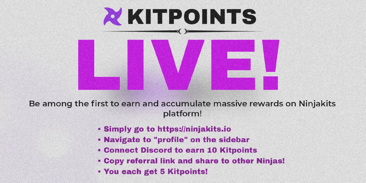 For the love of $INJ Ninjas support, we have decided to publicly launch our reward system: KITPOINT

A rewarding and fun way for our users to interact with Ninjakits platform!

To earn; follow the steps below, and also, daily claim opens every 12AM UTC!