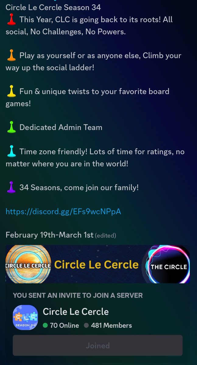CercleleCircle's tweet photo. https://t.co/SaK05bARHO

Last chance to sign up, applications close tomorrow morning, an all social game, everything is at a decent time wherever in the world you're at! It's gonna be so much fun! https://t.co/2P6MoFlH3t