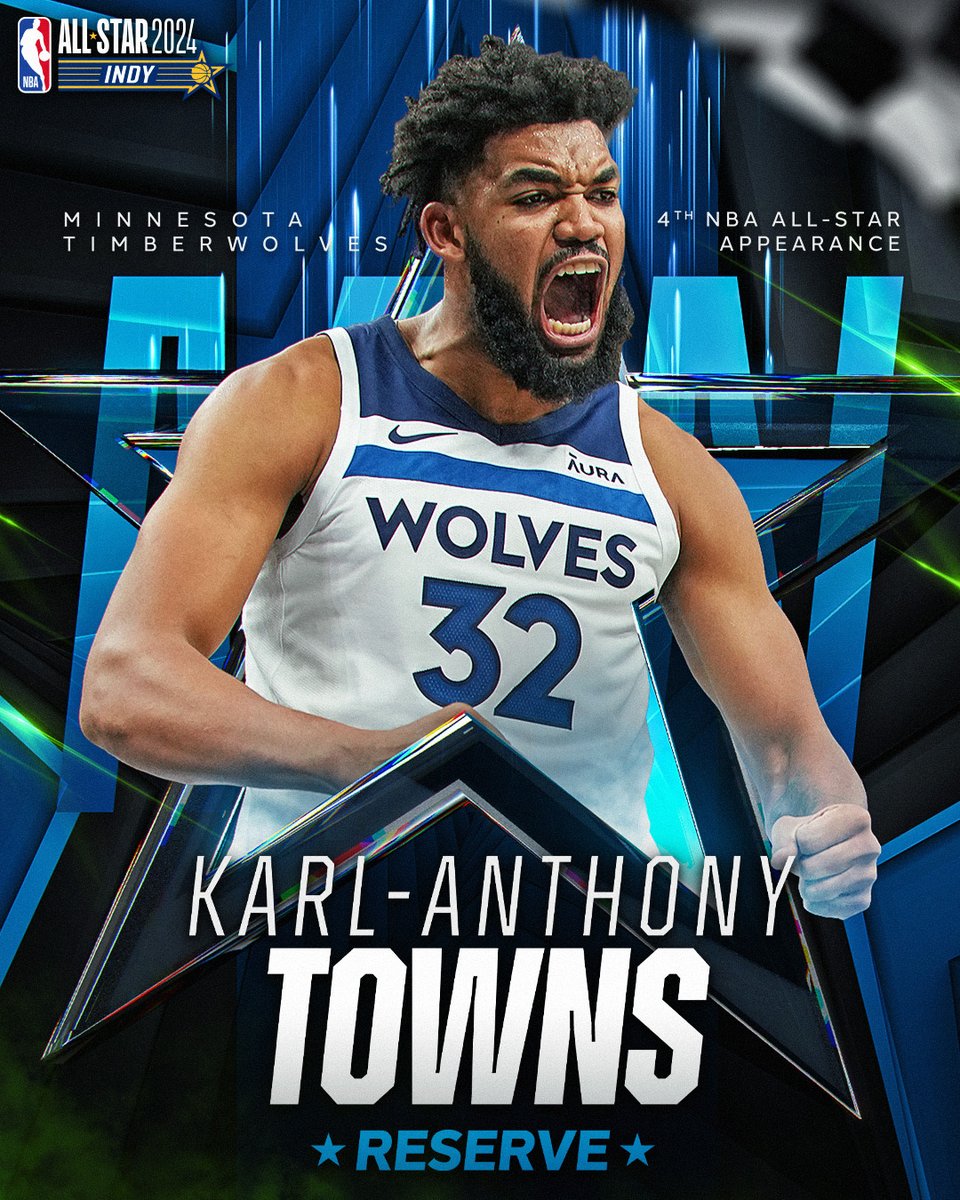 NBAAllStar's tweet photo. Making his 4th #NBAAllStar appearance... Karl-Anthony Towns of the @Timberwolves.

Drafted as the 1st pick in 2015 out of Kentucky, @KarlTowns is averaging 22.7 PPG, 8.7 RPG and 3.1 APG for the Timberwolves this season. https://t.co/YwCDjiKOjx