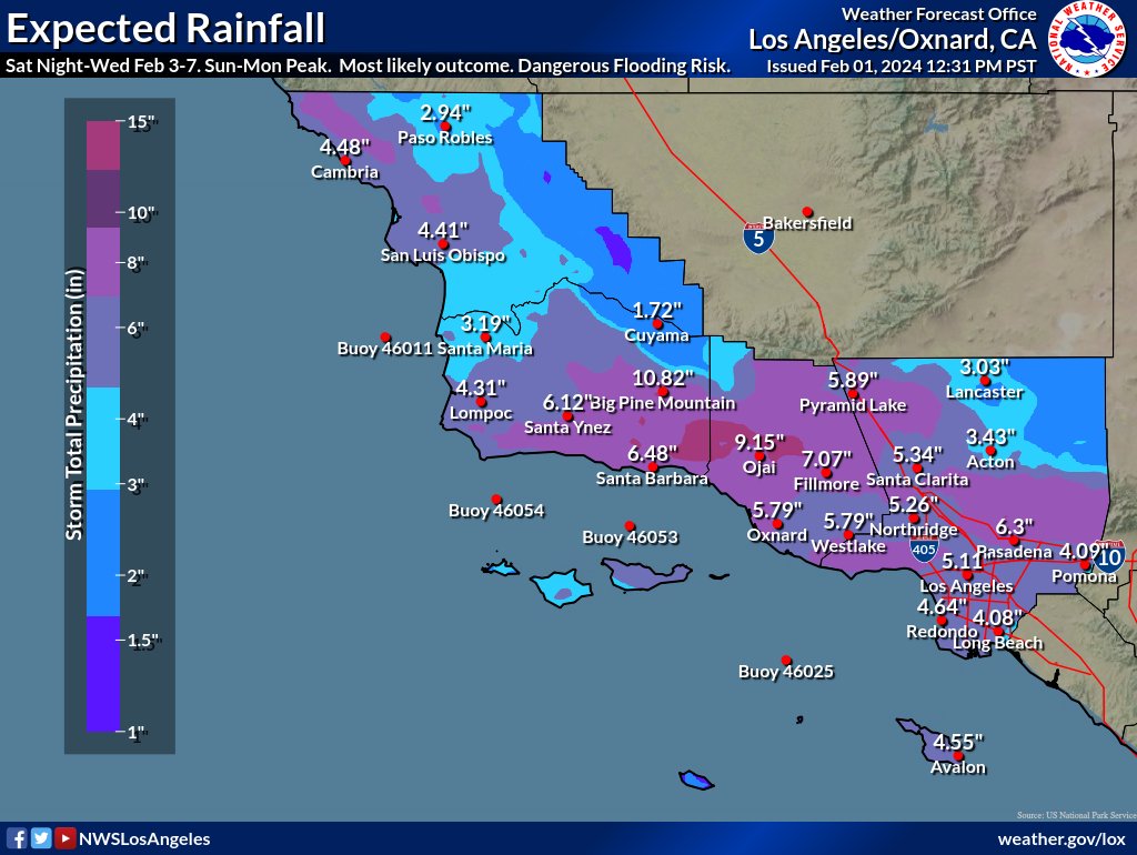NWSLosAngeles's tweet photo. Here are the projected rainfall totals for the next storm. These are very high amounts.  Life threatening and damage flooding is possible.  Heavy snow accumulations for the higher mountain communities (above 6,000 feet) is possible.  There is still time to prepare. #cawx #larain https://t.co/Y2B8DUjq4a