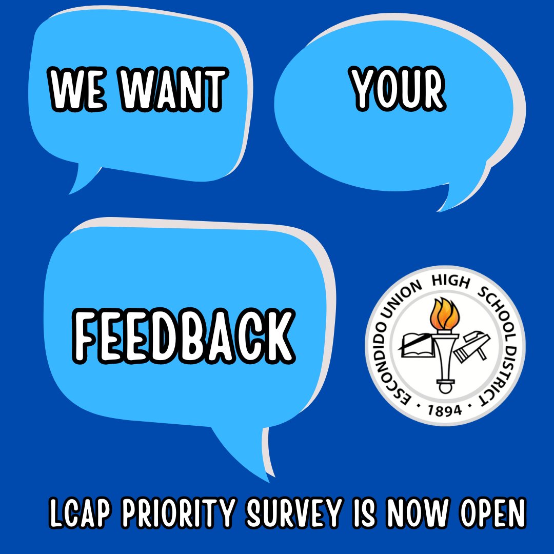 What are your LCAP priorities for EUHSD this upcoming year? Tell us in our survey until February 29! bit.ly/3SqJOrV @DelLagoAcademy @ehscougars @OrangeGlen @SanPasqualHS @vhsgrizzlies @EdEscondido