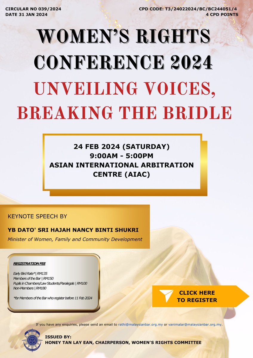 ____cynthialee's tweet photo. We are pleased that the Malaysian Bar Women’s Rights Committee will be organizing the Women’s Rights Conference 2024 on Saturday, 24th February 2024!! Limited seats available! Secure your seats now by registering through this [https://t.co/gyIy4SICM8… #WRConference2024 https://t.co/XnvaVBlNzn