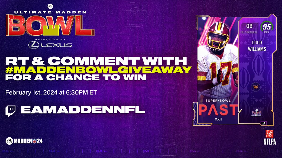 RT & Comment #MaddenBowlGiveaway for a chance to win a Doug Williams for your @EASPORTS_MUT team 🏈 #MaddenBowl Day 3 is Live Now: twitch.tv/eamaddennfl #Madden24 Must be 18+ to participate