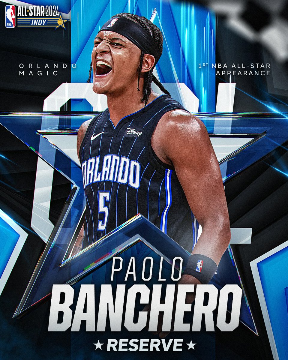 Making his 1st #NBAAllStar appearance... Paolo Banchero of the @OrlandoMagic. Drafted as the 1st pick in 2022 out of Duke, @Pp_doesit is averaging 23.0 PPG, 7.0 RPG and 5.0 APG for the Magic this season.