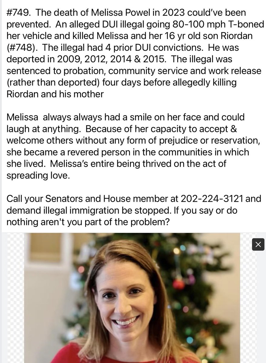 howmanyare2many's tweet photo. I’ve posted 755 preventable deaths I’ve posted is DUI.  There have been 1000’s of these preventable deaths over the years but MSM doesn’t report them.   That’s why I ask people to repost  and inform people of these preventable deaths.

Another illegal arrested (4 times), deported (4 times) and was then able to kill Riordan & his mother Melissa..  Look at how many of the 755 preventable deaths were committed by an illegal that was previously arrested and/or deported.  

Open borders = preventable deaths.  To Democrats they’re just collateral damage.

Please re-post Riordan & Melissa so  aren’t forgotten and inform people of their preventable deaths.

@SaraCarterDC @RealJamesWoods @chiproytx @TuckerCarlson  @RepMTG @mirandadevine  @BillMelugin_   @RepAndyBiggsAZ  @AliBradleyTV  @StephenM @elonmusk @laralogan @ByronYork @BensmanTodd @RealTomHoman @dbongino @FAIRImmigration @BorderHawkNews @JennieSTaer @MrAndyNgo @StrongBordersTX @marklevinshow  @GovRonDeSantis @USBPChiefTCA @KariLake @LtChrisOlivarez @BPUnion @HeyTammyBruce @MayraFlores_TX @libsoftiktok @catturd2 @IngrahamAngle @seanhannity @Julio_Rosas11 @jasonrantz @RyanGirdusky @GaetaSusan @VenturaReport @BenBergquam @SpeakerJohnson @Border911Live @America1stLegal @JohnKobyltRadio @EndWokeness @vdare @lizards112 @stclairashley @RepMarkGreen @Travis_in_Flint @realannapaulina