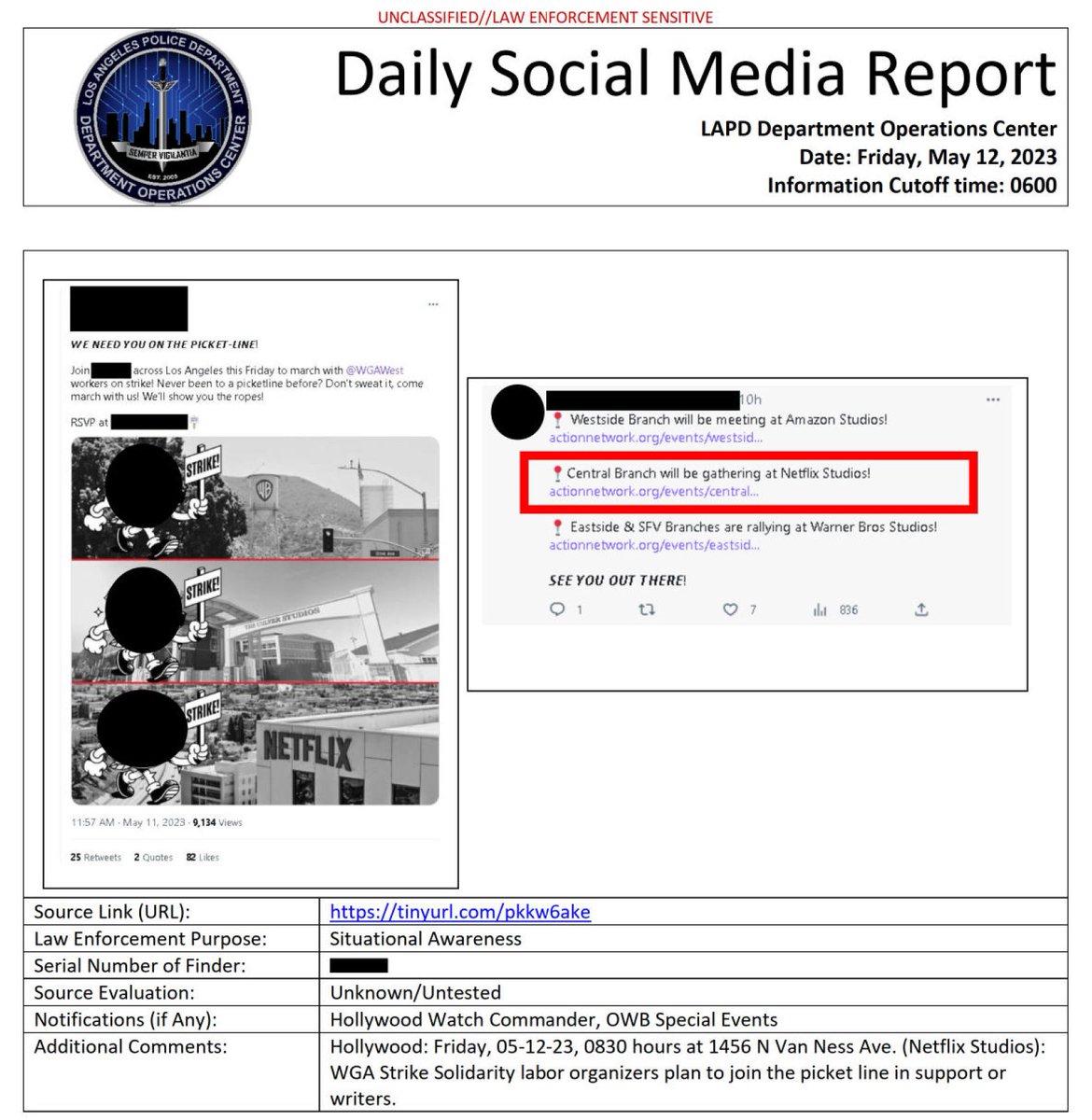 joeyneverjoe's tweet photo. The bulk of LAPD's '23 social media surveillance reports is about the @WGAWest/@sagaftra strike. Redacted here is @dsa_losangeles name in the Twitter post along with their org's cartoon logo. LAPD says they don't have unredacted copies of these records and they're "permanent" https://t.co/lldLxmdRT1