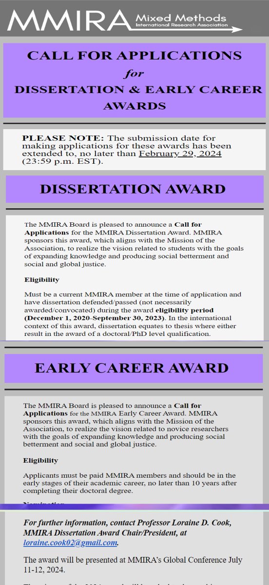 @MMIRAssociation invites applications for its Dissertation and Early Career Awards by Feb 29. The awards will be presented at the Global Biennial Conference in July 2024. Contact loraine.cook02@gmail.com for details #mixedmethods #research