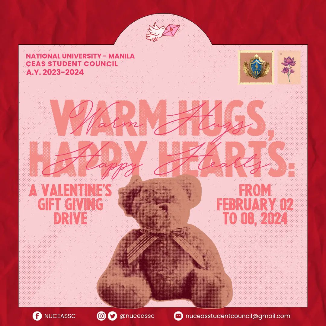 nuceassc's tweet photo. As the season of hearts enters, the CEAS SC is launching a donation drive entitled Warm Hugs 🫂, Happy Hearts💗: A Valentine's Gift Giving🎁 Drive. 

#CEASSC20232024
#CommittedtoExcellence
#AimingforSuccess

Read more at: https://t.co/n3wVMqgT8c https://t.co/hqSbX6dAdh