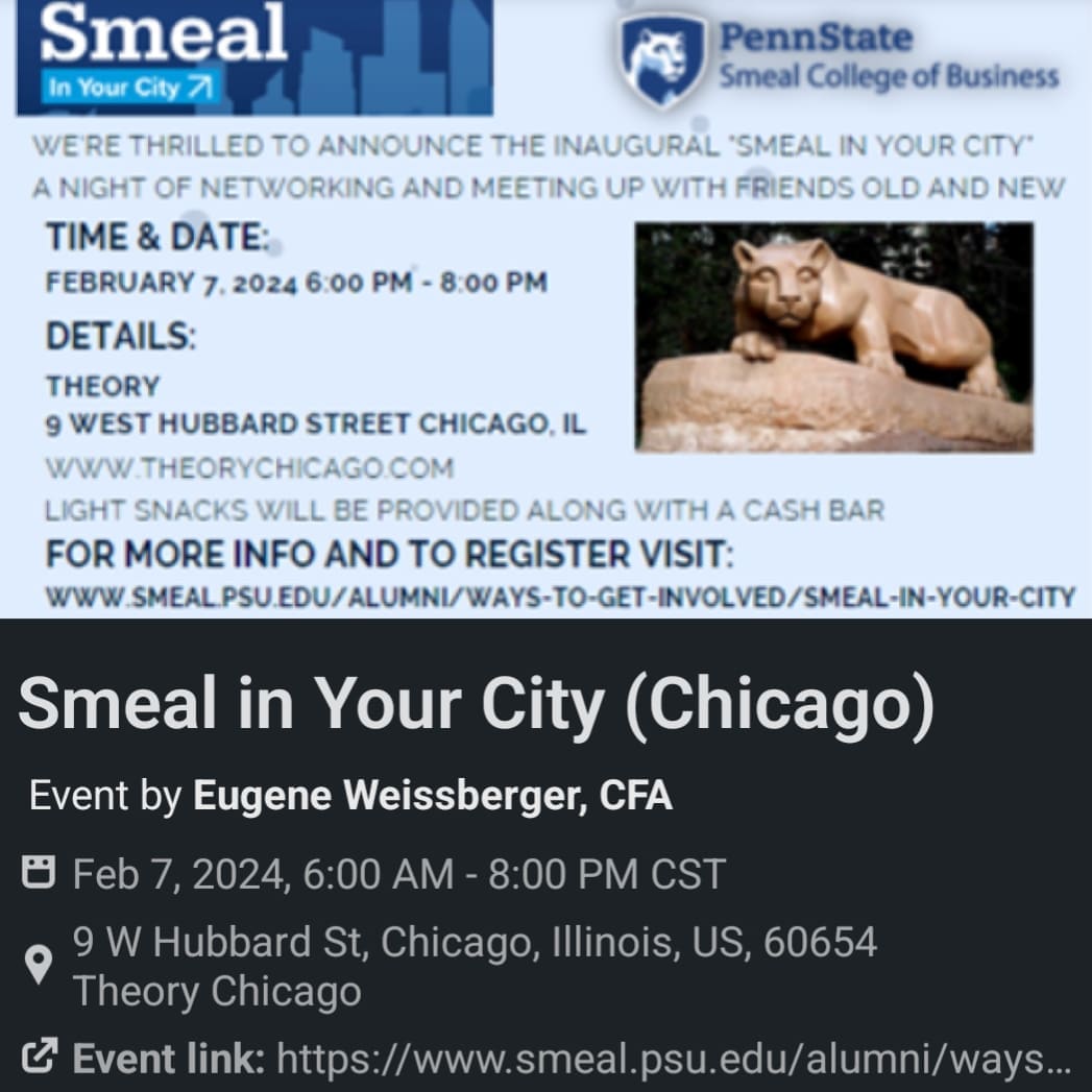 PSUChicago's tweet photo. Smeal is inviting you out for a night of cocktails, apps, &amp; conversation! All PSU alumni are welcome to attend! Link to register in our bio. Feel free to reach out to Eugene Weissberger (eugene.weissberger@gmail.com) with any questions!
#WeAre #PennState #smealcollegeofbusiness https://t.co/NU27Znqv8c