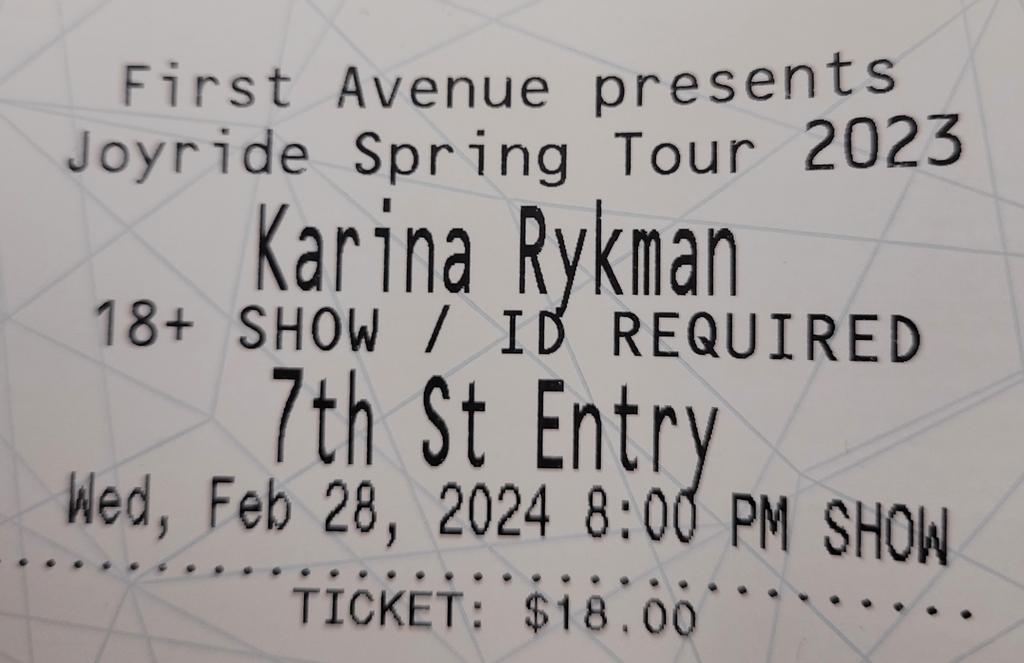 Mrwiredguy's tweet photo. Got my ticket for Karina Rykman playing the famous 7th street entry Minneapolis Minnesota!! Love a real ticket also over a phone ticket! @KarinaRykman @FirstAvenue #KarinaRykman #FirstAvenue #7thstreetentry https://t.co/MI7K9oAbMn
