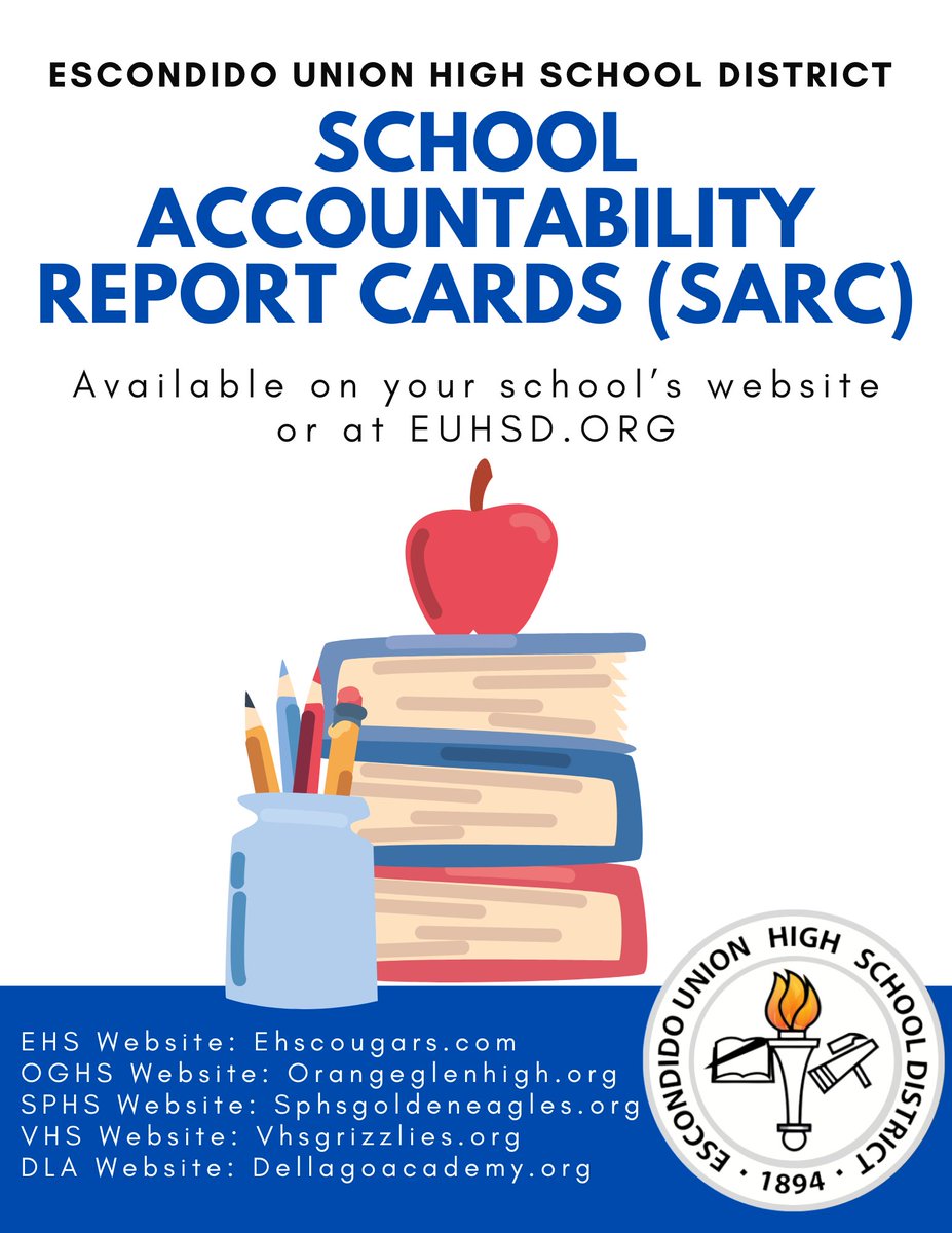 School Accountability Report Cards (SARC) are now available. To view visit euhsd.org, visit your school’s website, or request a paper copy at your school front office. @DelLagoAcademy @ehscougars @OrangeGlen @SanPasqualHS @vhsgrizzlies @EdEscondido