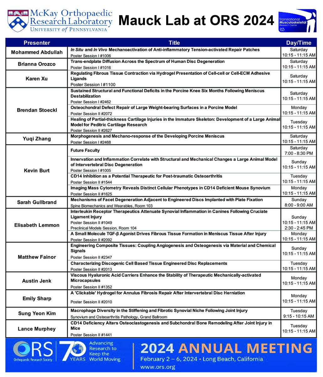 The Mauck Lab is SO excited to share our work at #ORS2024! Check out our schedule and stop by our presentations to learn more about our recent research! 🥳🧫💙