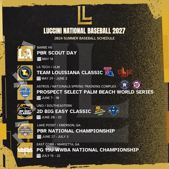 Luccini National Baseball (@luccininatbsb) on Twitter photo π¨LUCCINI NATIONAL 2027π¨
2024 Summer Schedule is Locked & Loaded!
Showtime!
πͺπͺπͺ
@PBR_Louisiana <a href="/PerfectGameUSA/">Perfect Game USA</a> <a href="/PG_Scouting/">Perfect Game Scout</a> <a href="/2DsportsLA/">2D Sports Louisiana</a> <a href="/PSBaseballinc/">Prospect Select</a>
#LiveLuccini π¨LUCCINI NATIONAL 2027π¨
2024 Summer Schedule is Locked & Loaded!
Showtime!
πͺπͺπͺ
@PBR_Louisiana <a href="/PerfectGameUSA/">Perfect Game USA</a> <a href="/PG_Scouting/">Perfect Game Scout</a> <a href="/2DsportsLA/">2D Sports Louisiana</a> <a href="/PSBaseballinc/">Prospect Select</a>
#LiveLuccini