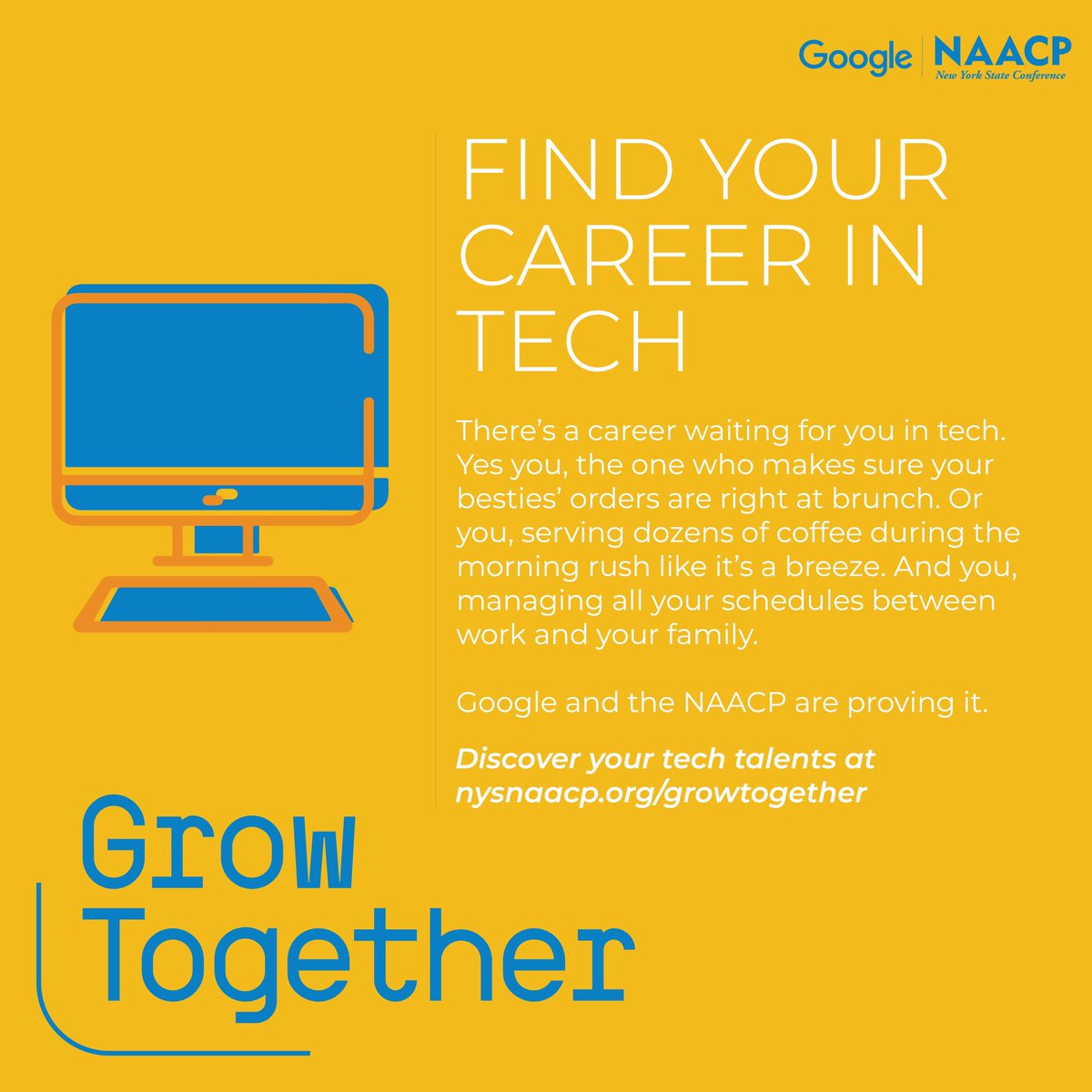 We're thrilled to launch our Grow Together campaign with Google, to create opportunities and awareness in the tech industry. Join us as we work together to break barriers and empower our communities. @google @nysnaacp nysnaacp.org/growtogether #GrowTogether #NAACPNY