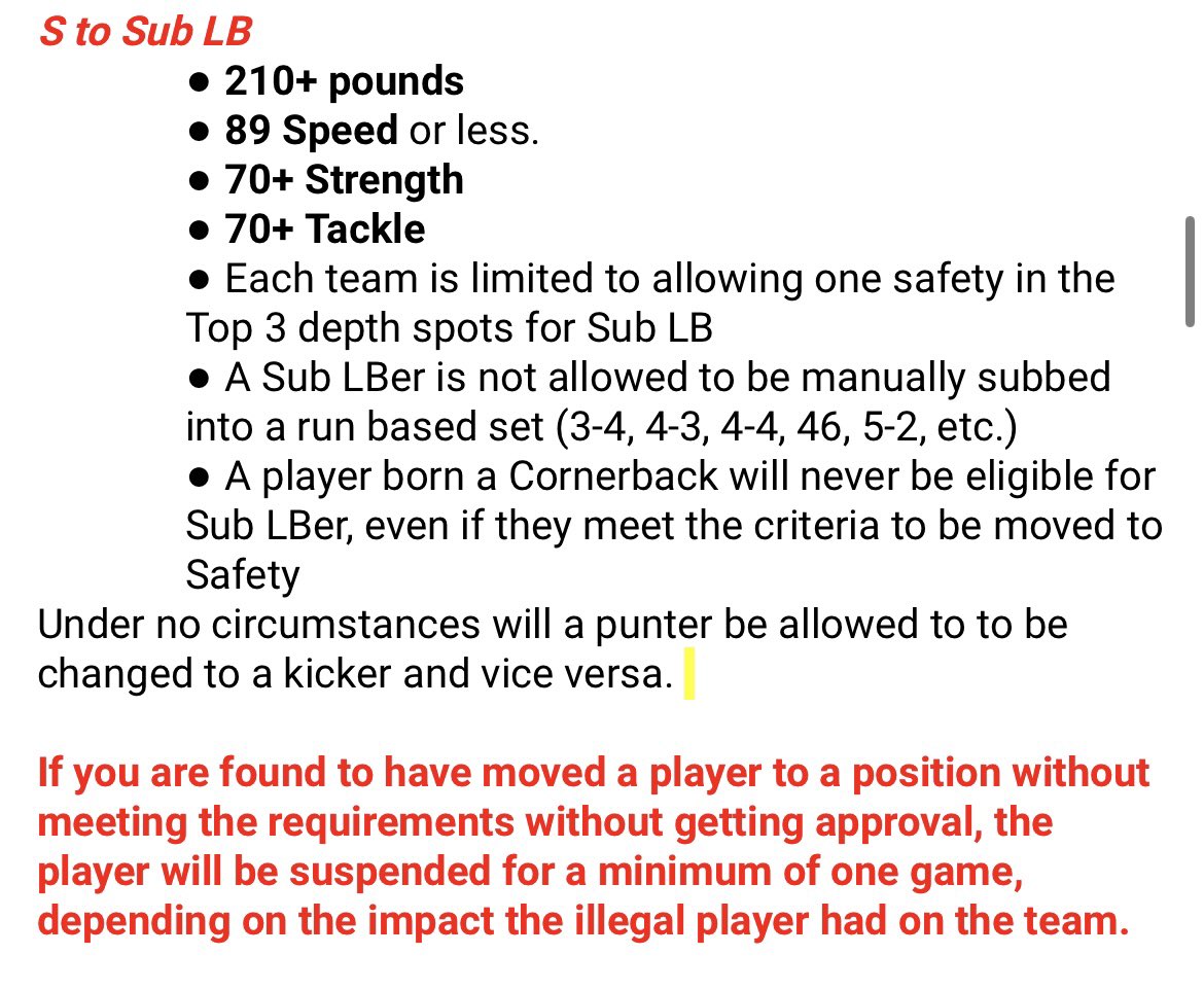 The_FA_CC's tweet photo. OWNERS:

If we have messaged you regarding an illegal player at your sub LB position, they need to be taken out of that spot immediately. 

Any further instances will result in suspensions.

Please make sure to follow this criteria https://t.co/NkwK0zZzdq