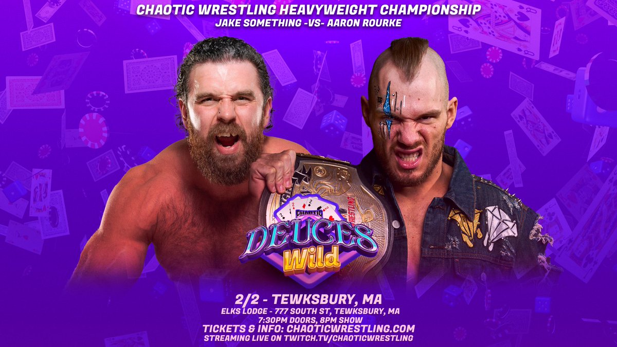 ChaoticWrestlin's tweet photo. TOMORROW NIGHT
Chaotic Wrestling presents:
DEUCES WILD
Friday, 2/2
Tewksbury, MA
@ Tewksbury Elks Lodge
7:30pm doors
8pm show
All ages
Full bar for 21+ w/ ID
Tickets & Info: https://t.co/DZCpSrwiEx https://t.co/wf3IgSPBIO
