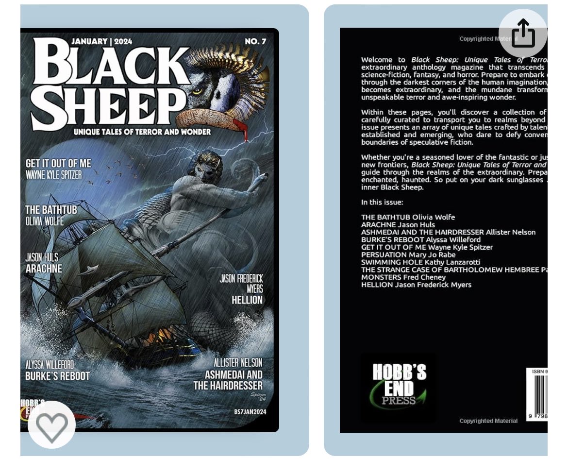 My short story, “Swimming Hole” is included in Vol.7 of Black Sheep:Unique Tales of Terror, available on Amazon. Many thanks to ⁦@jeansvaljeans⁩ for invaluable feedback on an early draft!