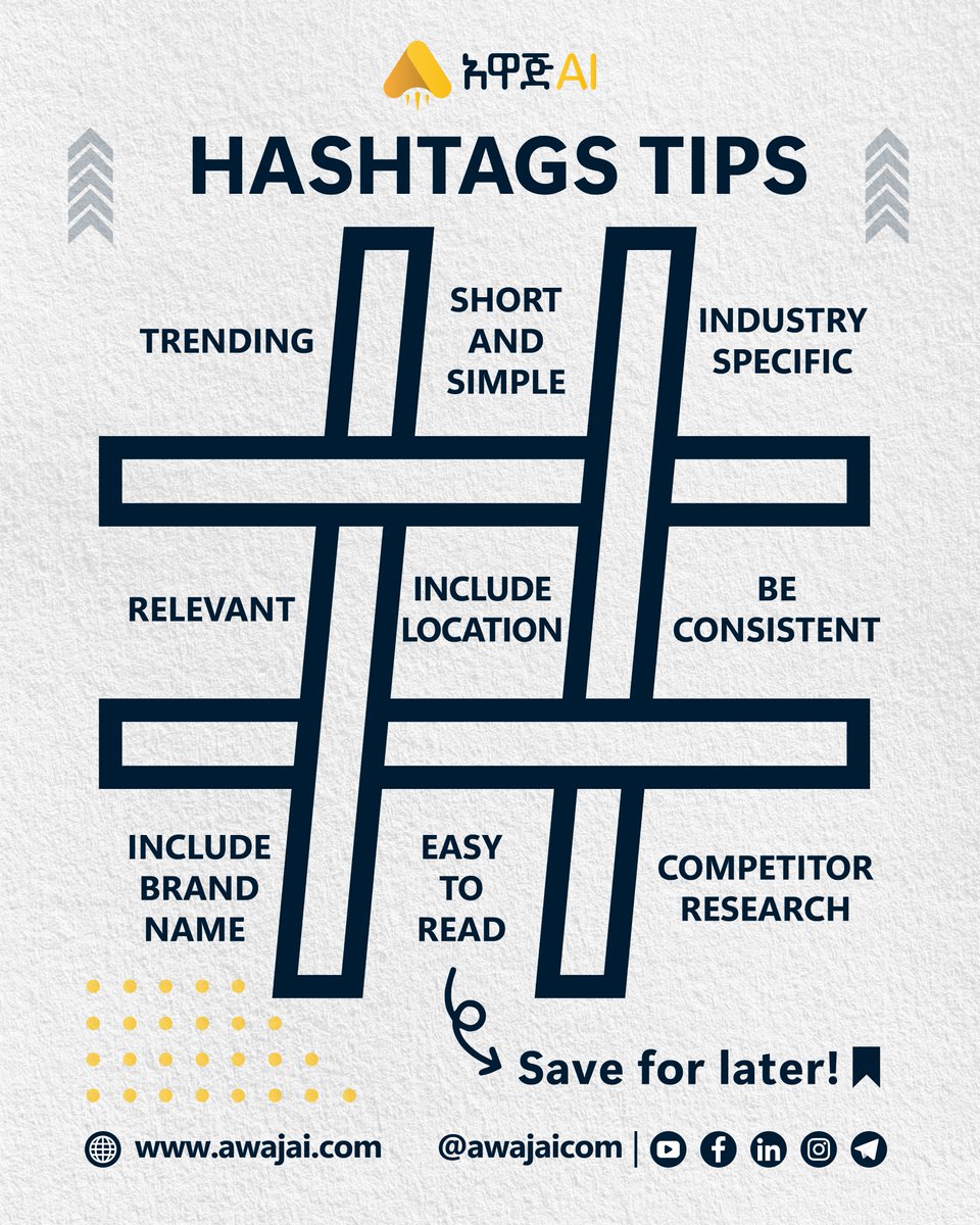 awajetcom's tweet photo. Hashtags Tips
Hashtags are essential for expanding your reach and engagement on social media. They help you connect with new and broader audiences and grow your following. But you need to follow some guidelines to optimize your results.
#awajai #Hashtag #HashtagsTips #Ethiopia https://t.co/wn0vHFCWNR