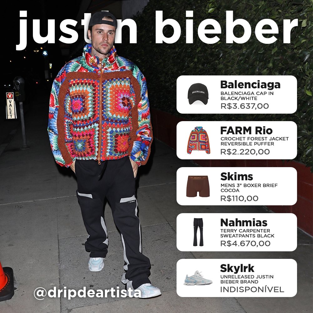 Justin Bieber usando a jaqueta de crochê da marca brasileira FARM