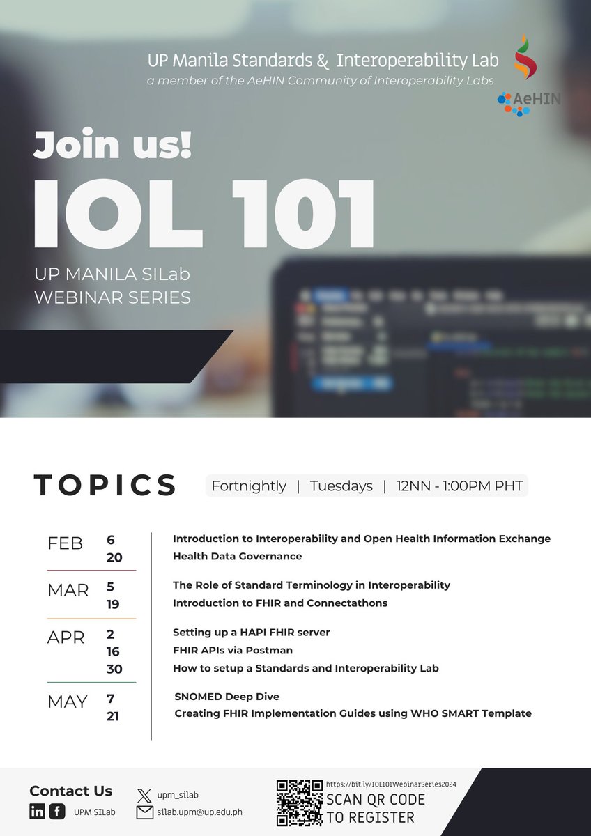 upm_silab's tweet photo. 📣 Mark your calendars! 

Join UPM SILab's #IOL101 Webinar Series! Every Tues, dive into digital health interoperability. 

✨ Experts, real-world cases, Q&amp;A. Starts Feb 6! ➡️ https://t.co/zlExDefZOZ

#healthcare #FHIR #Philippines #UPMSILab4UHC #UPMSILab #UPMSILabIOL101 https://t.co/UiP9hDecdg