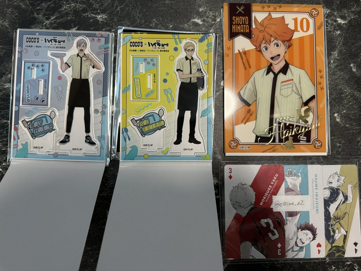 oshiwa_o2's tweet photo. ハイキュー ココスコラボ アクスタ イラストカード 交換

譲）アクスタ-月島（お声掛け中） リエーフ
イラストカード-日向

求）黒尾（友人分）決まり次第夜久

友人分で求めております。
お気軽にお声掛けください！ https://t.co/caw5zhIctb