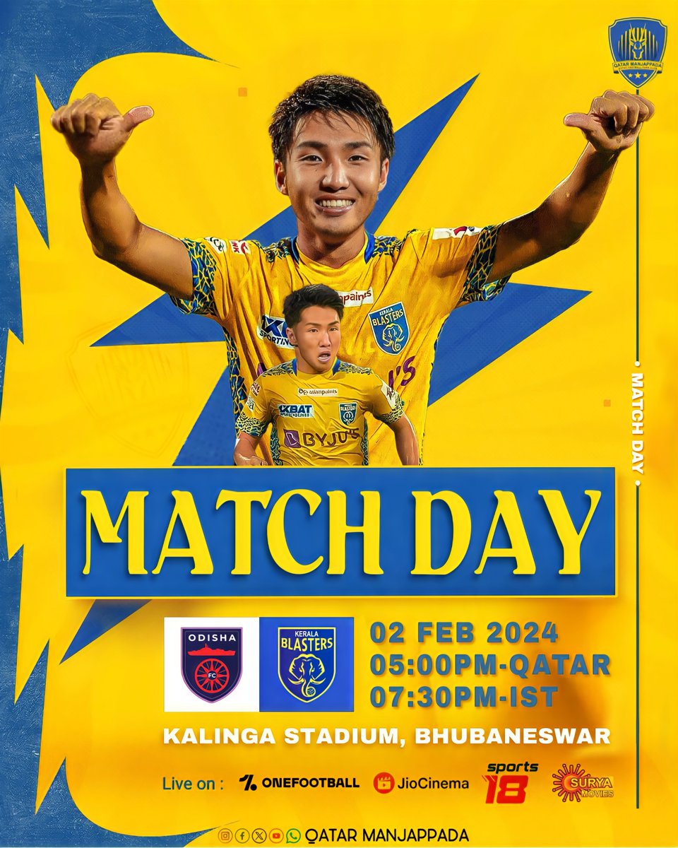 It's matchday for the Kerala Blasters! We're ready to rumble after the AFC break. Let's show our support and make our voices heard! #KBFC #KeralaBlasters #IndianSuperLeague #FanPower