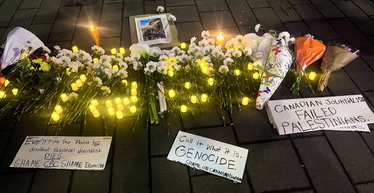 “Call it what it is. Genocide.,” read one sign at the #JournalistsForJournalists vigil held at TMU to honour slain journalists in the ongoing war on Gaza.

Thank you to @JournalismTMU @InspiritFdn @AmnestyNow and to all organizers for making this possible.

#JournalismIsNotACrime