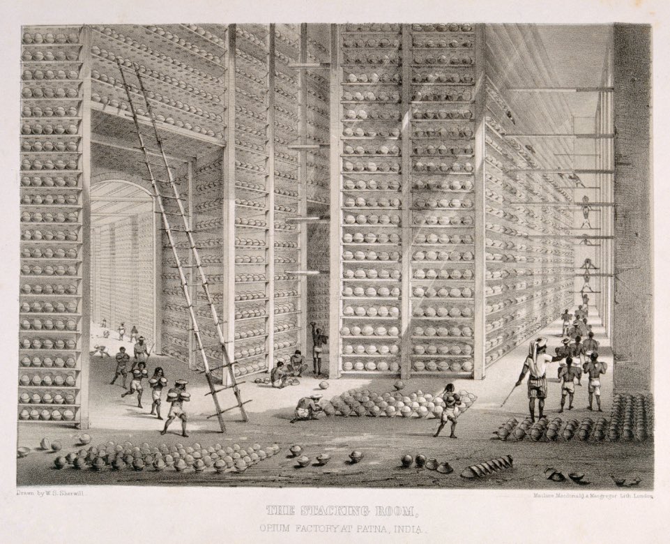 1850 print showing an opium warehouse of the #EastIndiaCompany in #Patna, #India. #Opium was dried into large balls and then packed into chests for transportation to #China.
Source : WorldHistory.org
