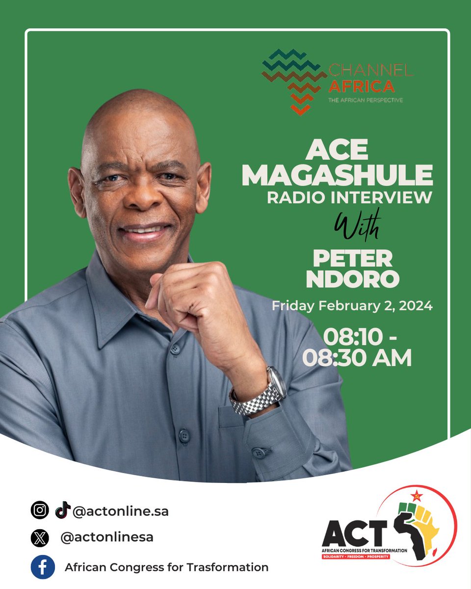 ACTYouthWing_'s tweet photo. 🎙️Tune in to Channel Africa (@channelafrica1) this morning at 08:10 to catch our President General Ace Magashule’s radio interview with Peter Ndoro (@peterndoro) . Don’t miss it! #ACTONLINE #ACT #RegisterToVoteACT #VoteACT2024 https://t.co/M7C634Pyuf