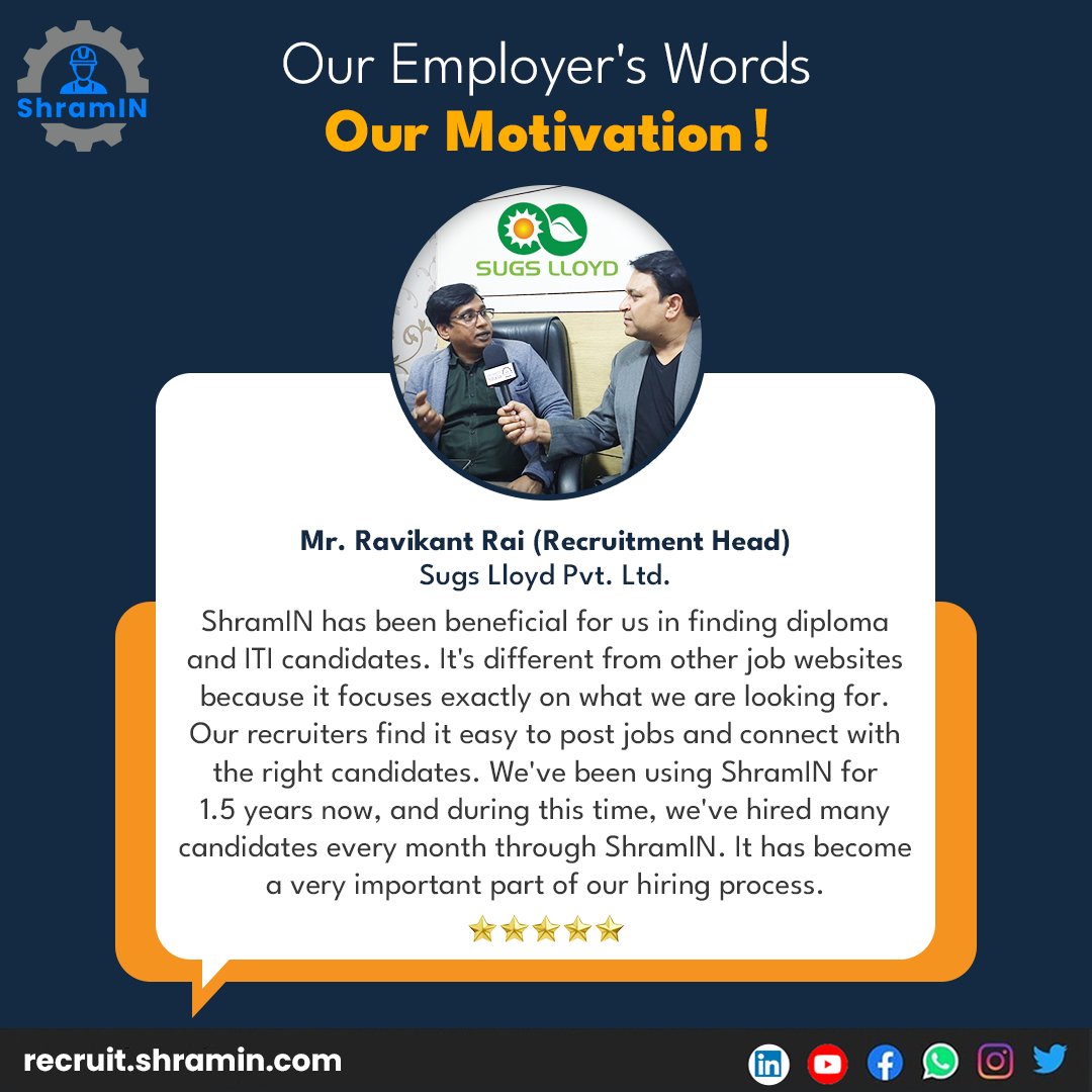 shramin_'s tweet photo. Client satisfaction is our true measure of success 💫

Explore the genuine testimonial by Ravi Kant Rai, Recruitment Head at M/S SUGS LLOYD PRIVATE LIMITED, capturing the essence of trust and success in our relationship.

#shramin #recruitment #clienttestimonials https://t.co/bEF608EYl0