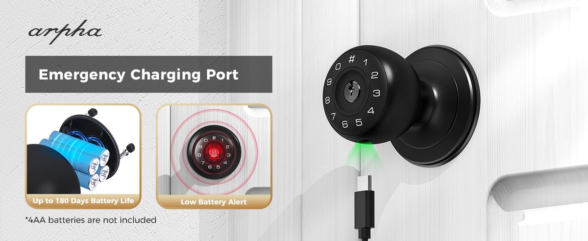 #D160 Smart knob lock
It is powered by 4pcs AAA batteries, it is better than built-in lithium battery, no need to recharge the batteries and no worry about capacity fade of lithium battery

#arphahome #arpha #deadboltlock #smartlock #smarthome #smartlife #knoblock