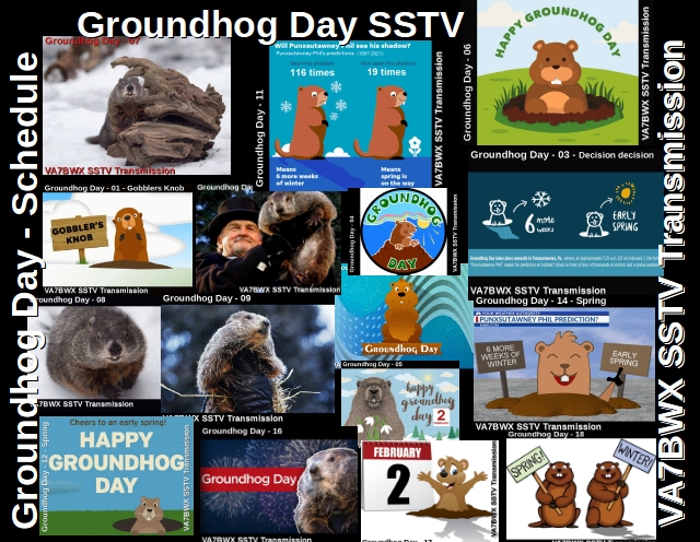 VA7BWX's tweet photo. 2024-02-02:Groundhog Day SSTV event
I normally send out images to celebrate Groundhog Day Are we in for an early spring or six more weeks of winter!
Feb 2nd 2024, from the Quay in New West 13:00-19:30pm, PD120 every 10 mins on the zeros. 13:00,13:10,13:20, 13:30 . . . . 7:30pm https://t.co/mI3r5R5IBj