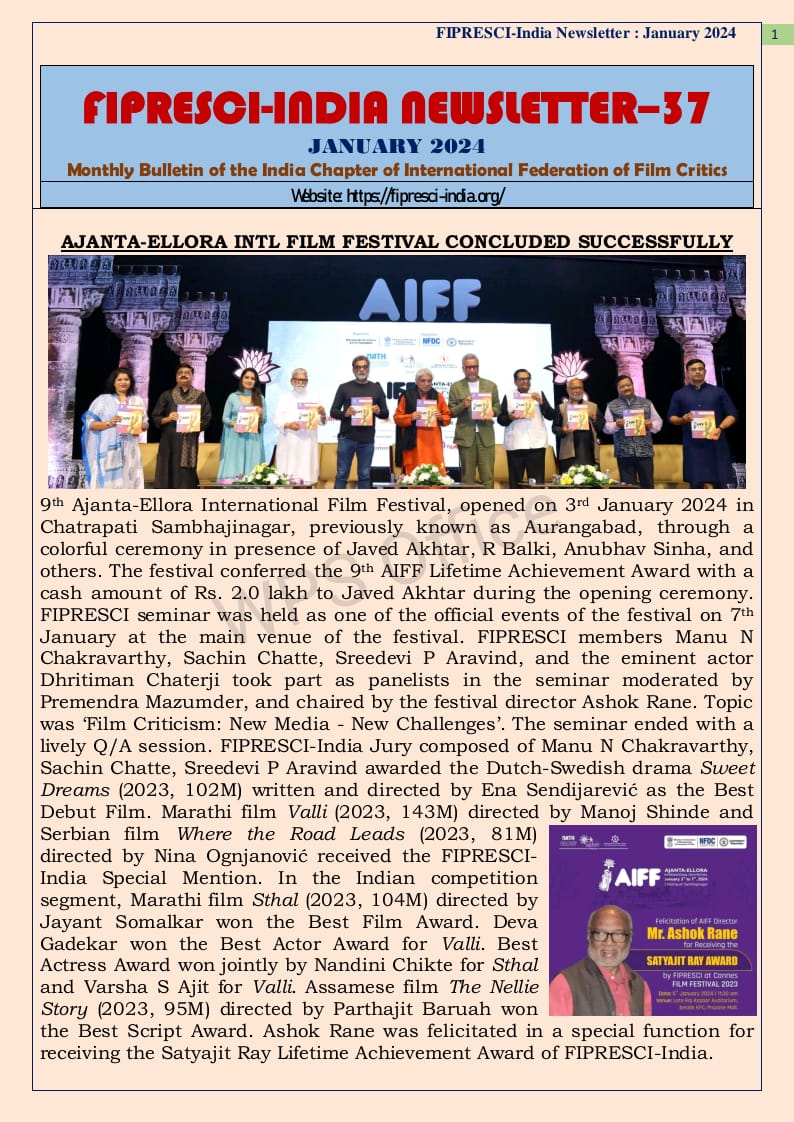 Gratitude to <a href="/FipresciIndia/">Fipresci India</a> for spotlighting the 9th Ajanta Ellora International Film Festival in your January 2024 Newsletter - Issue 37! 📰

Proud of our association with this esteemed group of Indian film critics. 

Together, we celebrate the magic of cinema! 
 #AIFF <a href="/FIPRESCI/">FIPRESCI</a>