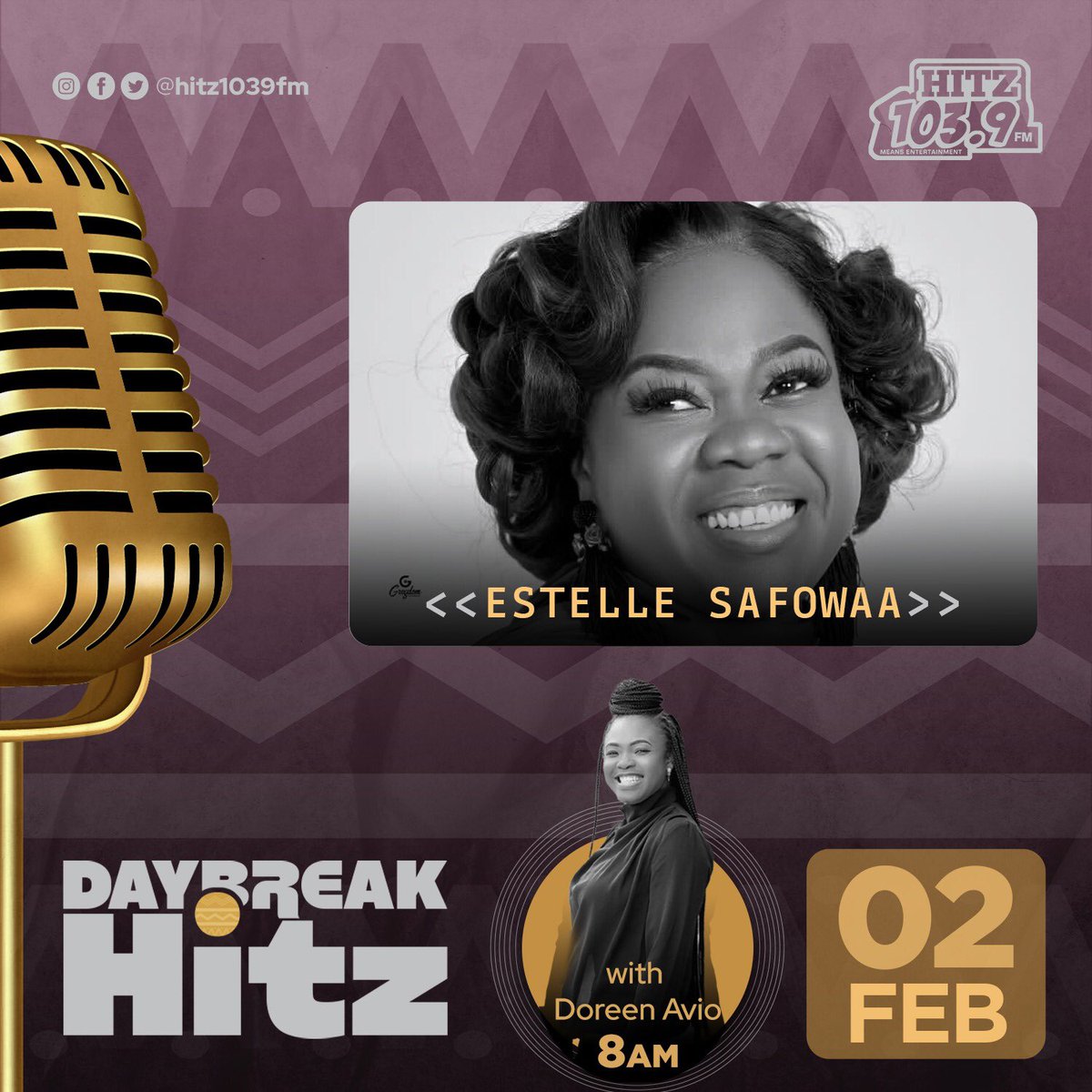 Good morning and welcome to #DaybreakHitz with @doreenavio. Here’s our lineup for today; Budding artist, Gigabyte; and gospel musician Estelle Safowaa. Join us from now till 10 a.m. for limitless entertainment! Welcome.