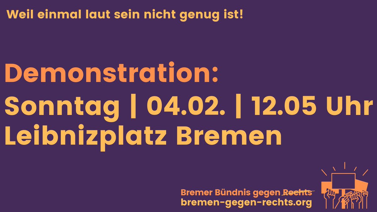 #Bremen: Weil wir so viele werden: Die Route der gegen Rechts-Demo am Sonntag ist jetzt umgedreht und startet auf dem Leibnizplatz: Nach vielen Überlegungen und langen Verhandlungen mit den Behörden steht jetzt fest: Wir drehen unsere Demoroute um! (1/5)