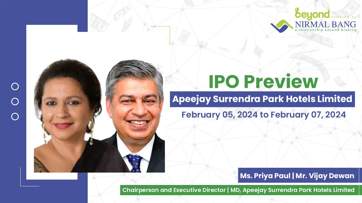 Don't miss out on this captivating discussion!
youtu.be/XM6-enXHN9k

In a lively interview, Ms. Priya Paul, Chairperson, and Mr. Vijay Dewan, Managing Director of Apeejay Surrendra Park Hotels Limited, shared their journey and IPO plans with anchor Piyush Jain. 

With 30