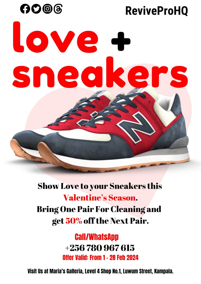 ReviveProHQ's tweet photo. Don't let dirty sneakers break your heart this Month of Love.
Bring them to us and we pamper them to perfection with our professional sneaker cleaning services.
For more info call/WhatsApp us at +256 780 967 615.
#WeAreRevivePro #ReDefiningSneakerCare #ValentinesDay https://t.co/XBNHTXew8h