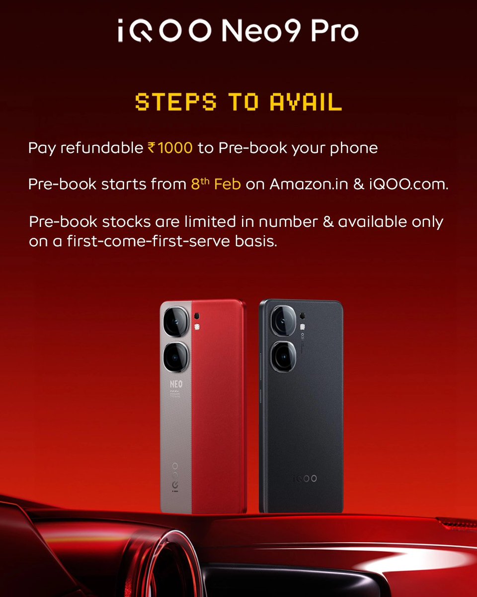 nipunmarya's tweet photo. The #iQOONeo9Pro is available for pre-book starting 8th February, 2024. Don't miss out on the special pre-book offers, #iQOOFam!

Discover more: https://t.co/iivefJ0dtP

#PowerToWin https://t.co/ywbOel1dBU